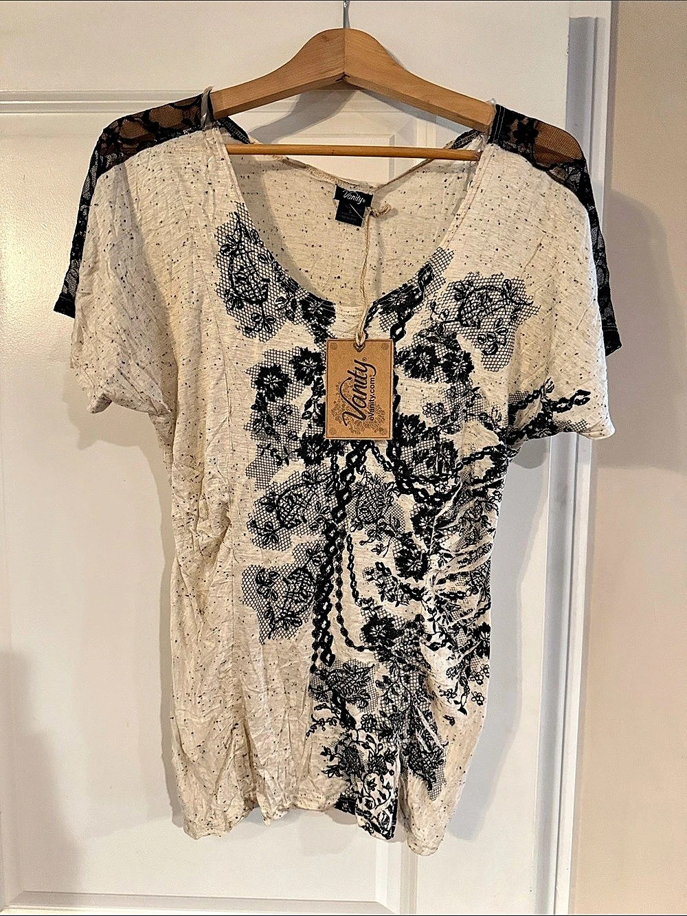 Vanity Floral Short Sleeve Top White & Beige Size L